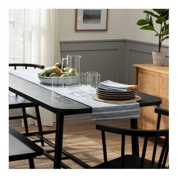 Hearth & Hand Magnolia Dobby Woven Rib Stripe TableRunner 14x72 Faded Blue - Picture 2 of 5